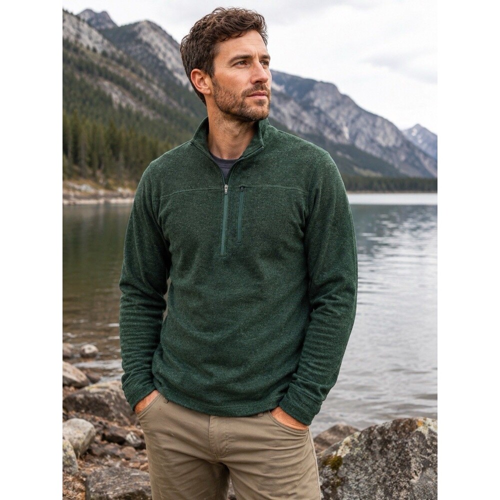 Ibex Men”s L Jura Scout Forest Green ZQ Premium Merino Bl Zip Pullover Sweater